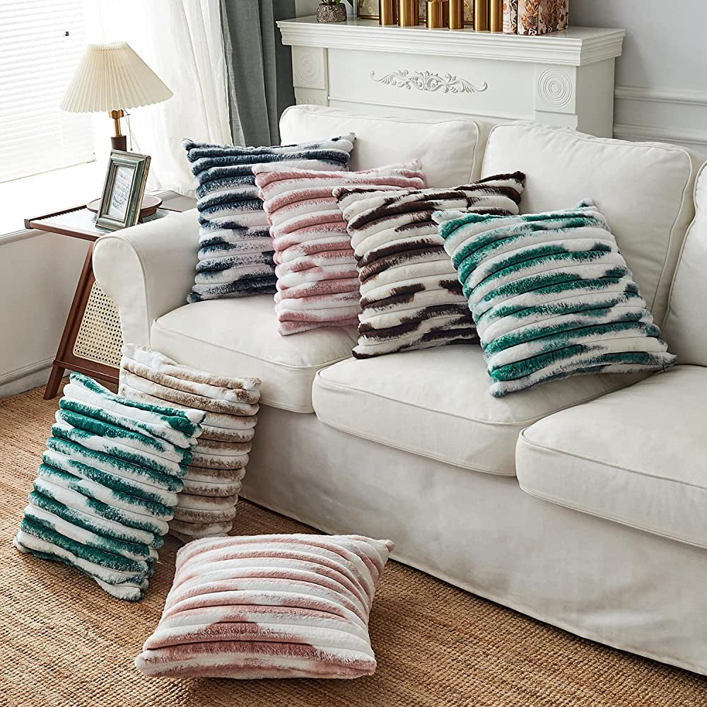 18"x18" Ribbed Ombre Faux Fur Pillow 5 Colors – Ultra-Soft Two-Tone Design Luxury Textured Accent Insert Included