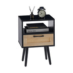 15.75" Rattan End table with drawer and solid wood legs Modern nightstand side table for living room black