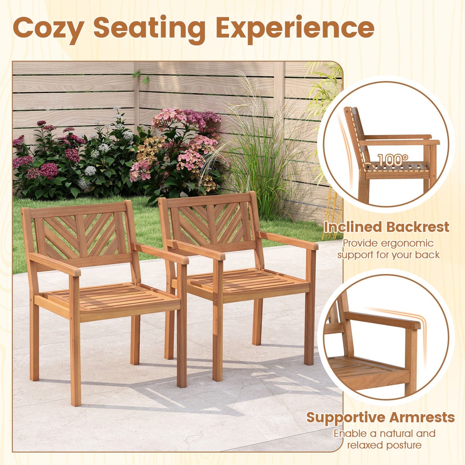 Outdoor Acacia Wood Patio Dining Chairs Garden Seating Chairs with 400 lbs Capacity