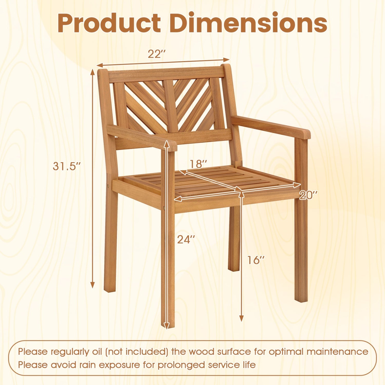 Outdoor Acacia Wood Patio Dining Chairs Garden Seating Chairs with 400 lbs Capacity