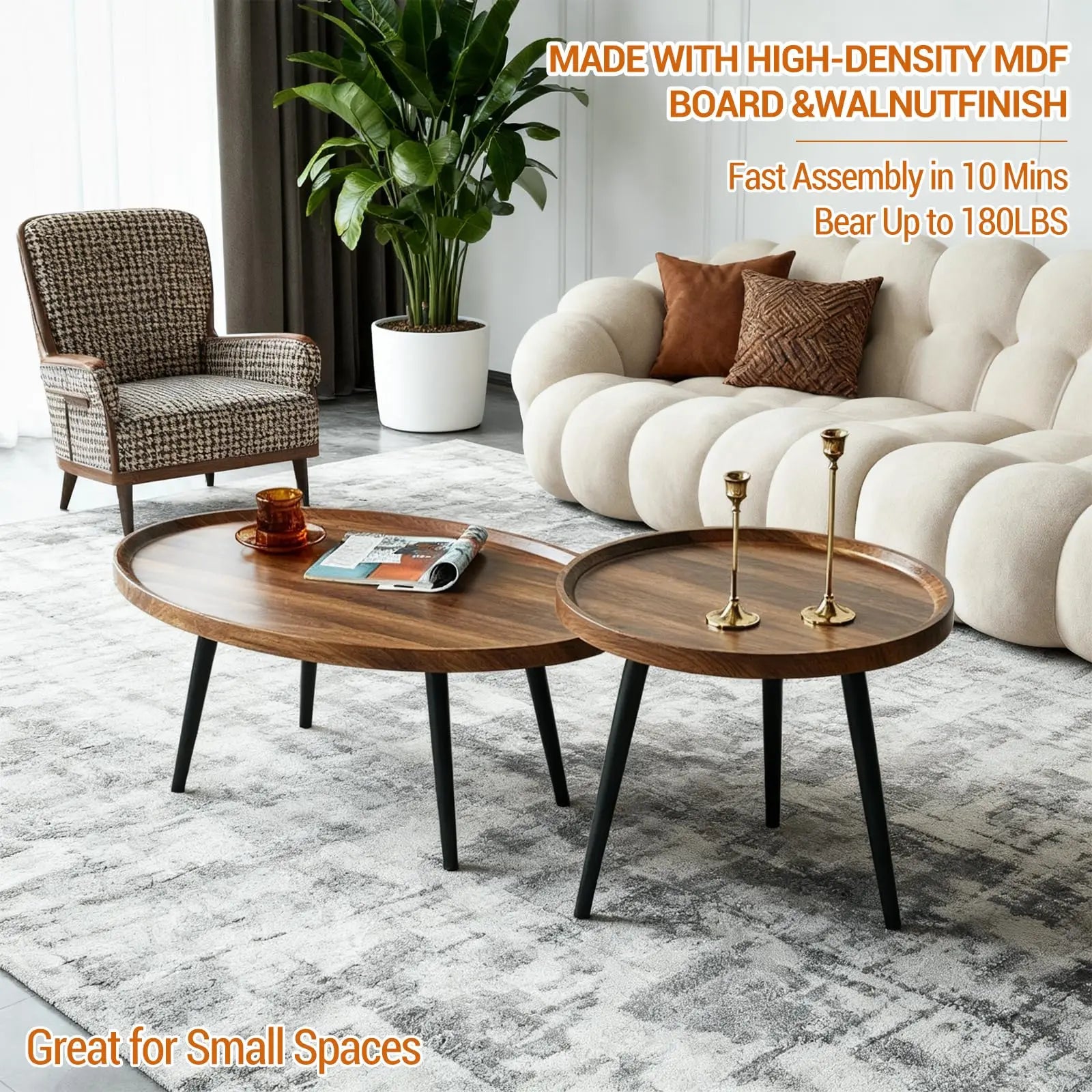 Nesting Coffee Table Set of 2 Mid Century Modern Walnut End Tables For Living Room Small Spaces Sofa Side Table