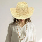 Summer Outdoor Men Women Hand-woven Western Cowboy Straw Hats Wide Brim Breathable Beach Jazz Cap Sun Protection Hat