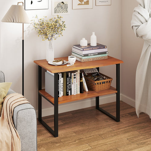 2-Tier Teak Wood End Table Sofa Side for Living Room Hallway Laundry