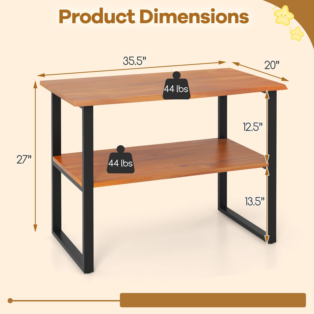 2-Tier Teak Wood End Table Sofa Side for Living Room Hallway Laundry