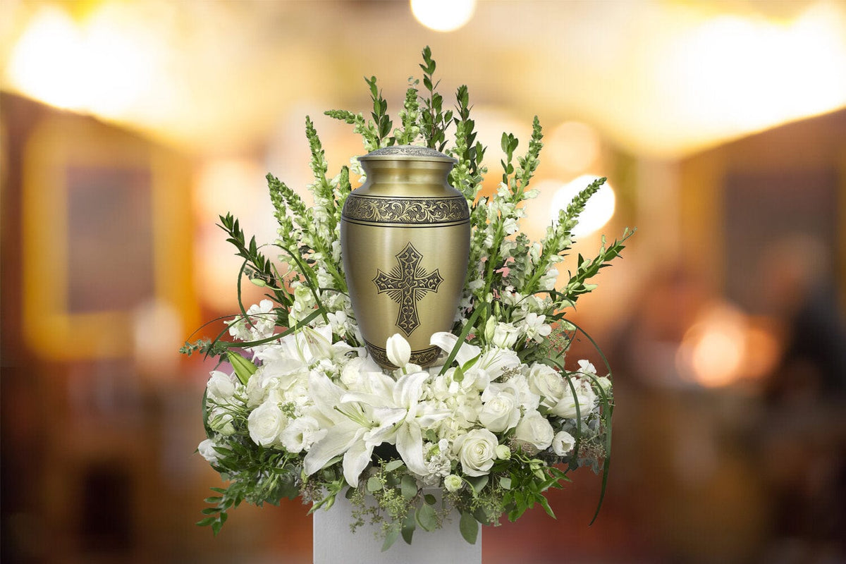 Love of Christ Gold Cross Cremation Urns for Human Ashes - Large Adult Funeral Urn