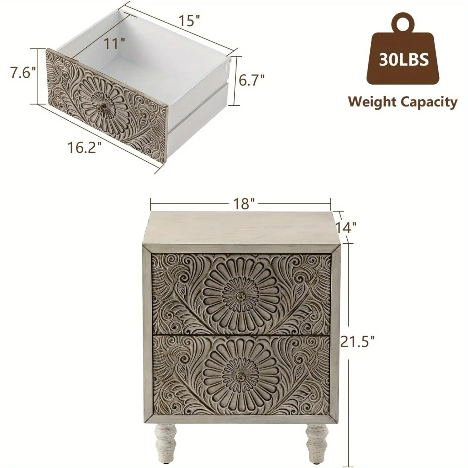 End Table With 2 Drawers, MDF Vintage Style Wood Side Table, Exclusive Carved Design Cabinet, High-quality Bedside Nightstand, Living Room Accessories For Home, Office, College Dorm, Renting Housing Essentials, Christmas Gift