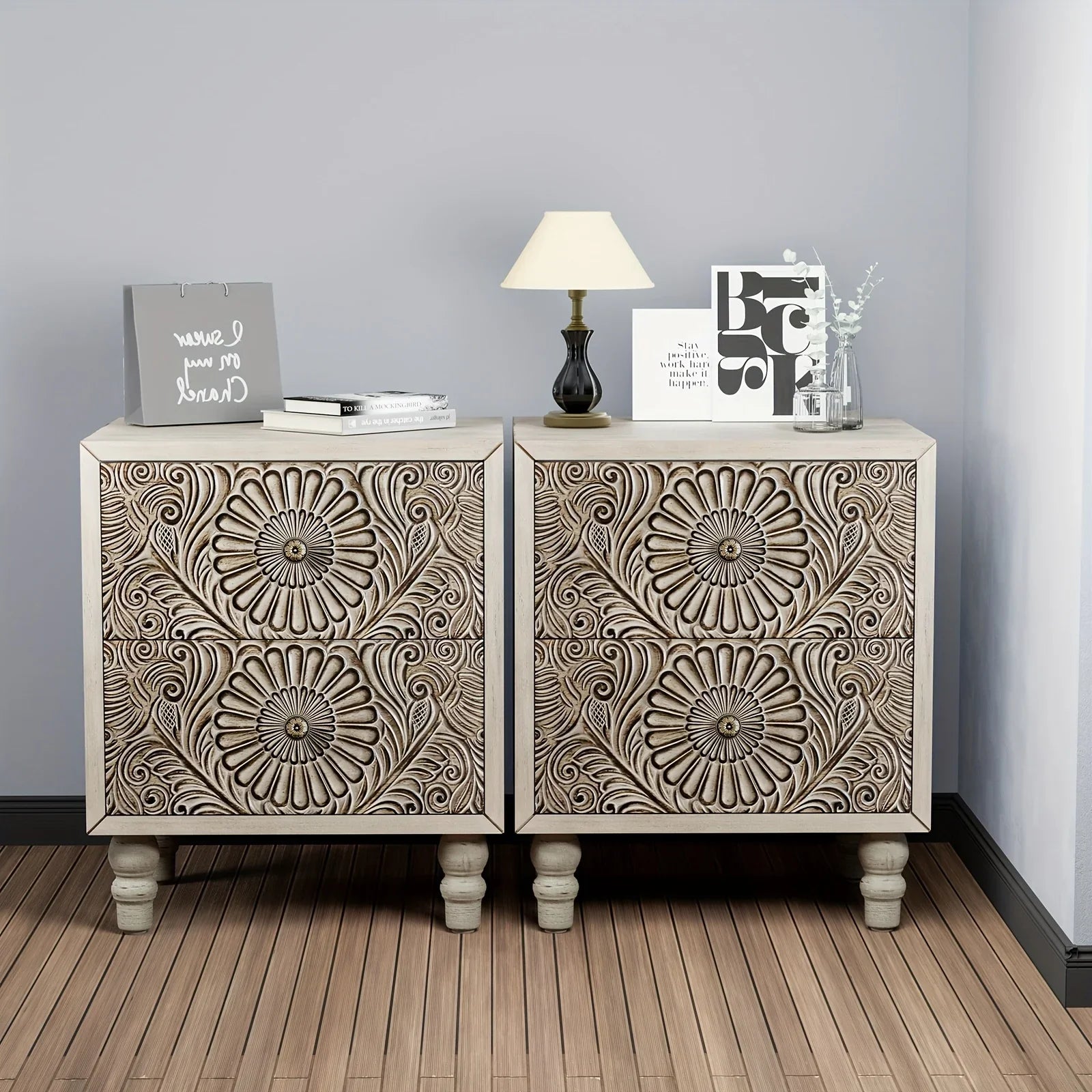 End Table With 2 Drawers, MDF Vintage Style Wood Side Table, Exclusive Carved Design Cabinet, High-quality Bedside Nightstand, Living Room Accessories For Home, Office, College Dorm, Renting Housing Essentials, Christmas Gift