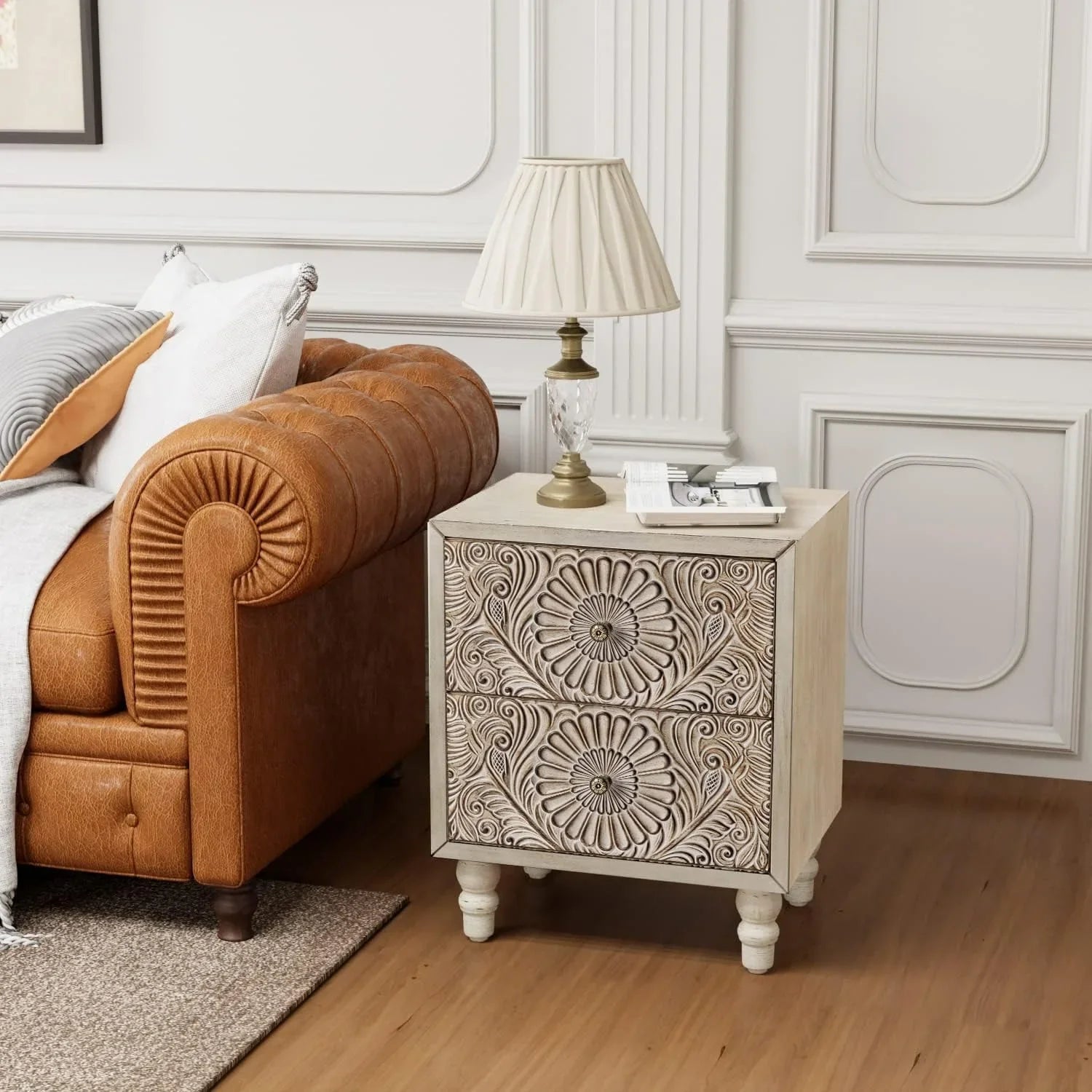 End Table With 2 Drawers, MDF Vintage Style Wood Side Table, Exclusive Carved Design Cabinet, High-quality Bedside Nightstand, Living Room Accessories For Home, Office, College Dorm, Renting Housing Essentials, Christmas Gift