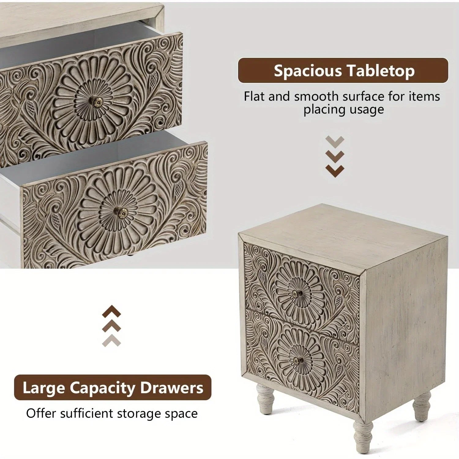 End Table With 2 Drawers, MDF Vintage Style Wood Side Table, Exclusive Carved Design Cabinet, High-quality Bedside Nightstand, Living Room Accessories For Home, Office, College Dorm, Renting Housing Essentials, Christmas Gift