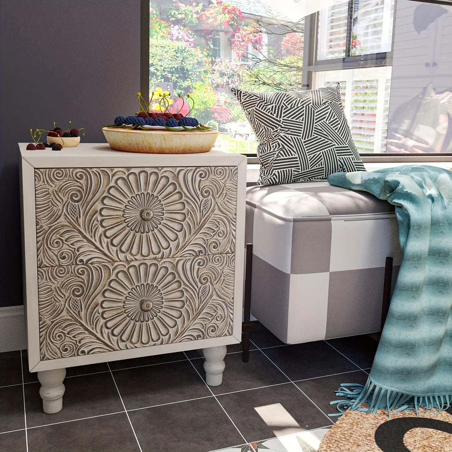 End Table With 2 Drawers, MDF Vintage Style Wood Side Table, Exclusive Carved Design Cabinet, High-quality Bedside Nightstand, Living Room Accessories For Home, Office, College Dorm, Renting Housing Essentials, Christmas Gift