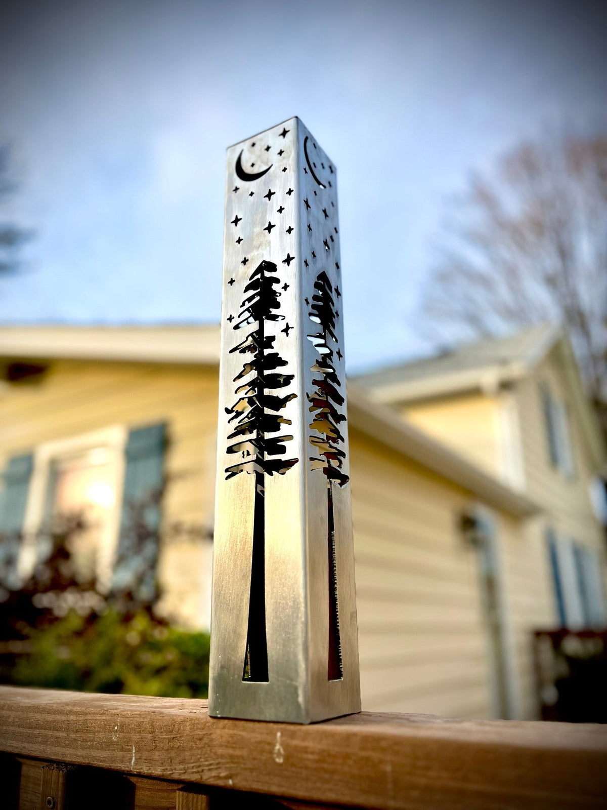 4-Sided Night Sky Pine Tree Solar Pillar - Steel
